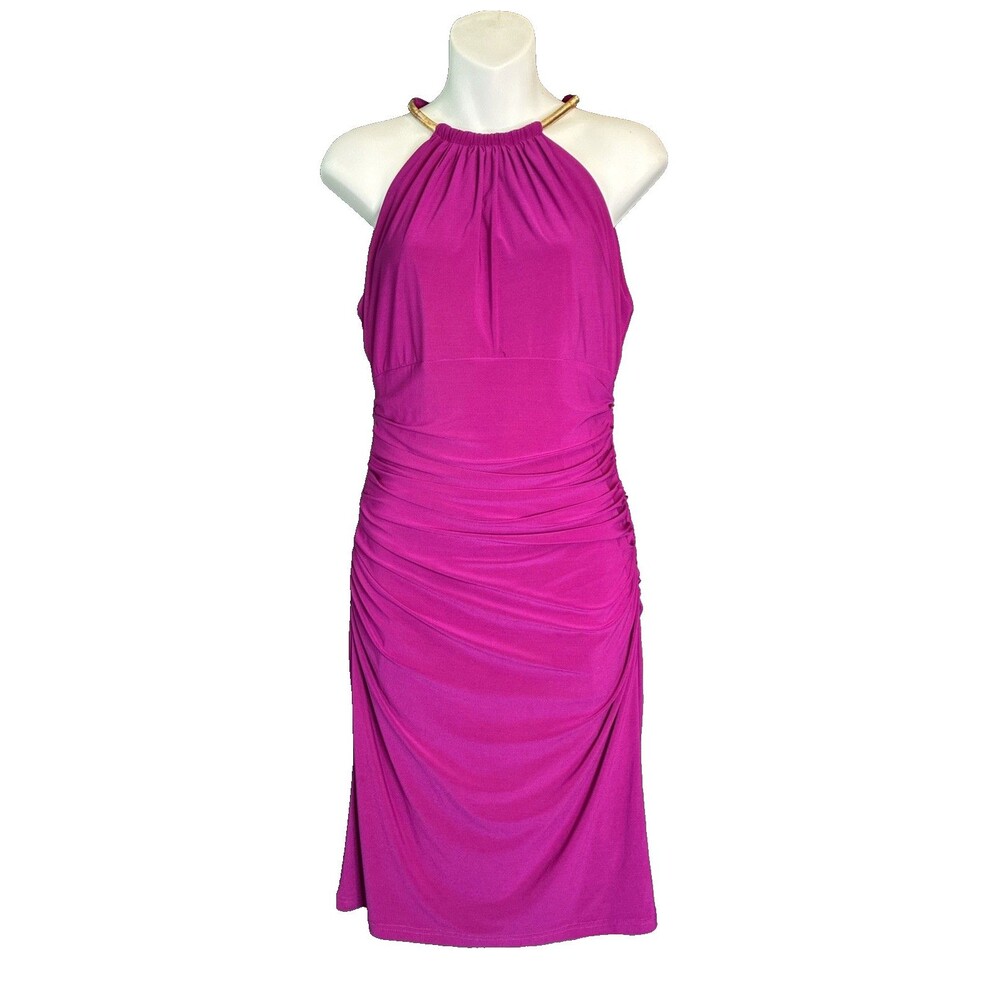Xscape Gold Chain Neck Ruched Cocktail Bodycon Dress Sz 14 Fuchsia Purple Formal